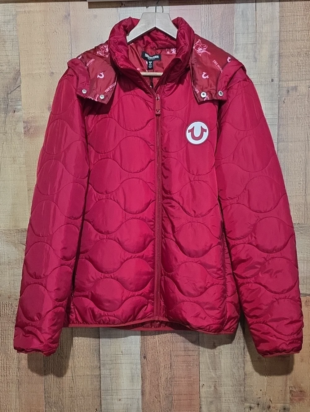 True Religion Bright Red Quilted Hooded Puffer Jacket